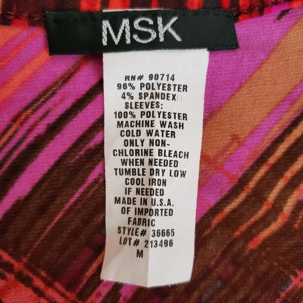 MSK Women's Pink Red Orange Print Sheer Bell Sleeve Cocktail Dress Size Medium - Picture 11 of 11